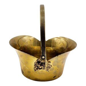 Vintage Brass Basket with Folding Handle Leaf Grape Design 7" x 7" India Decor